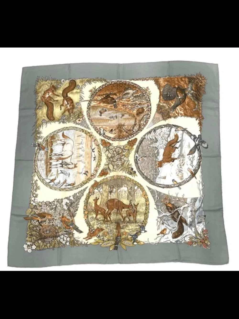 Hermes Wildlife Silk Scarf in Sage Green and Cream